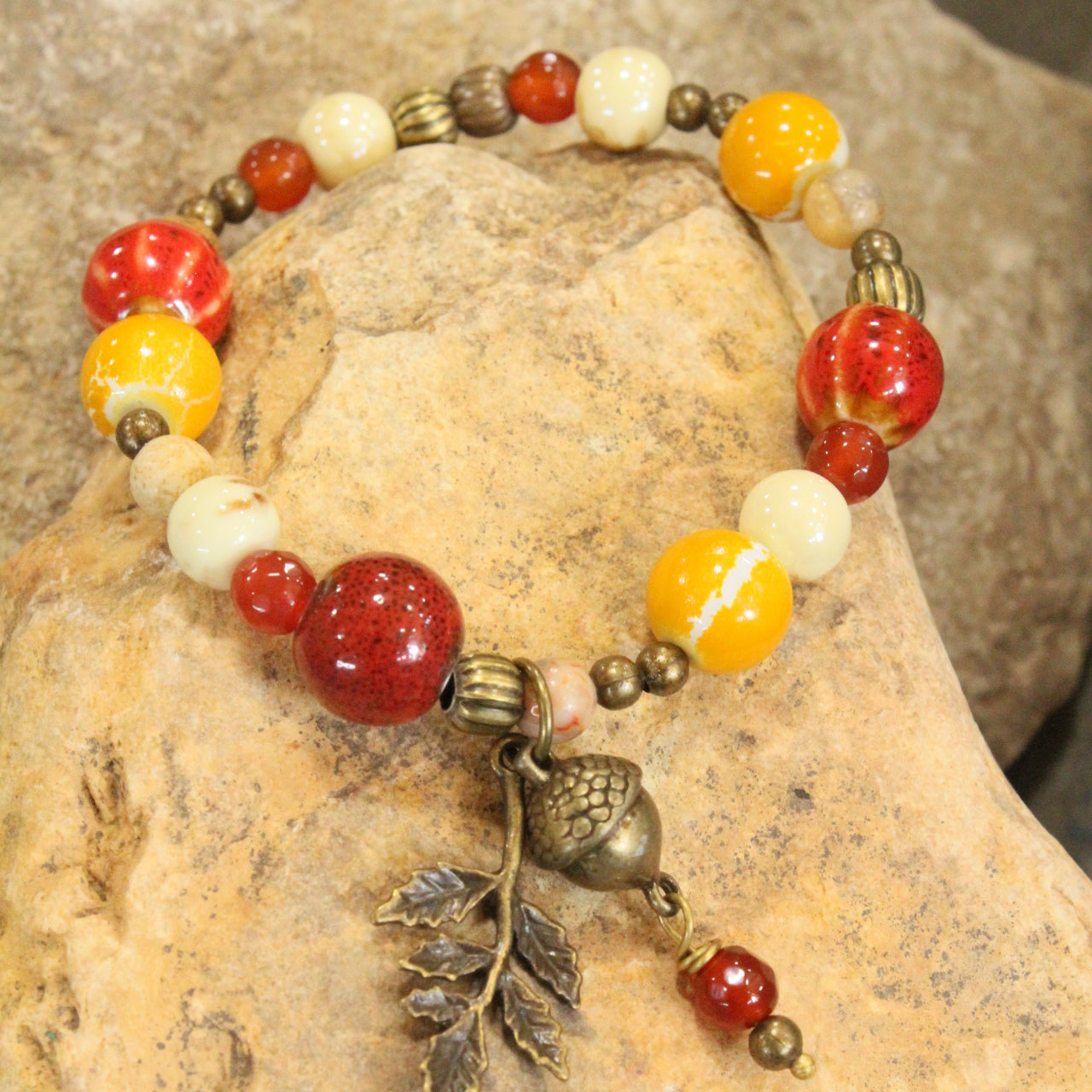 Rusty Beaded Fall Leaf Stretch Bracelet