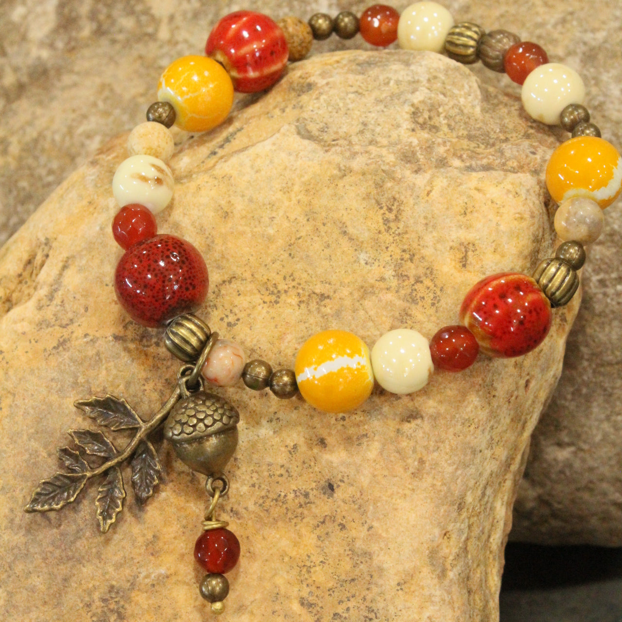 Rusty Beaded Fall Leaf Stretch Bracelet