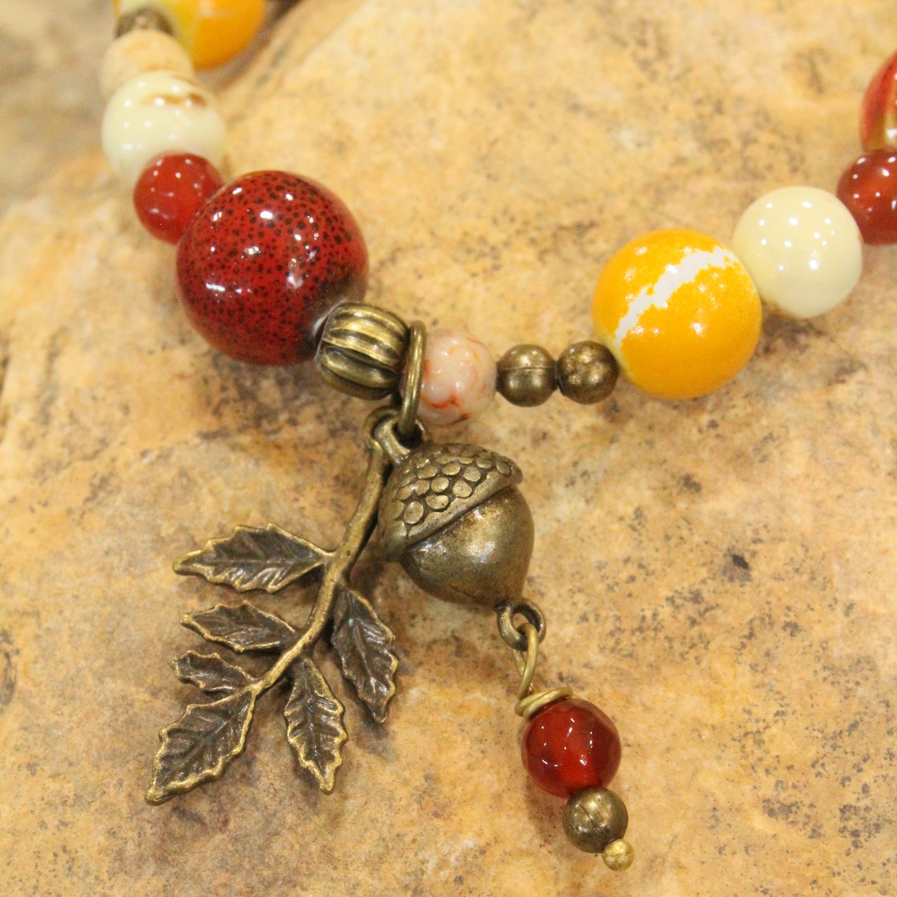 Rusty Beaded Fall Leaf Stretch Bracelet