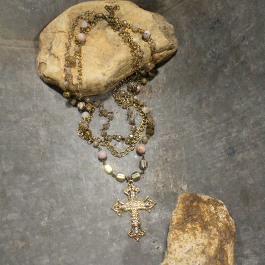 Golden Bling Cross Triple Layered Necklace