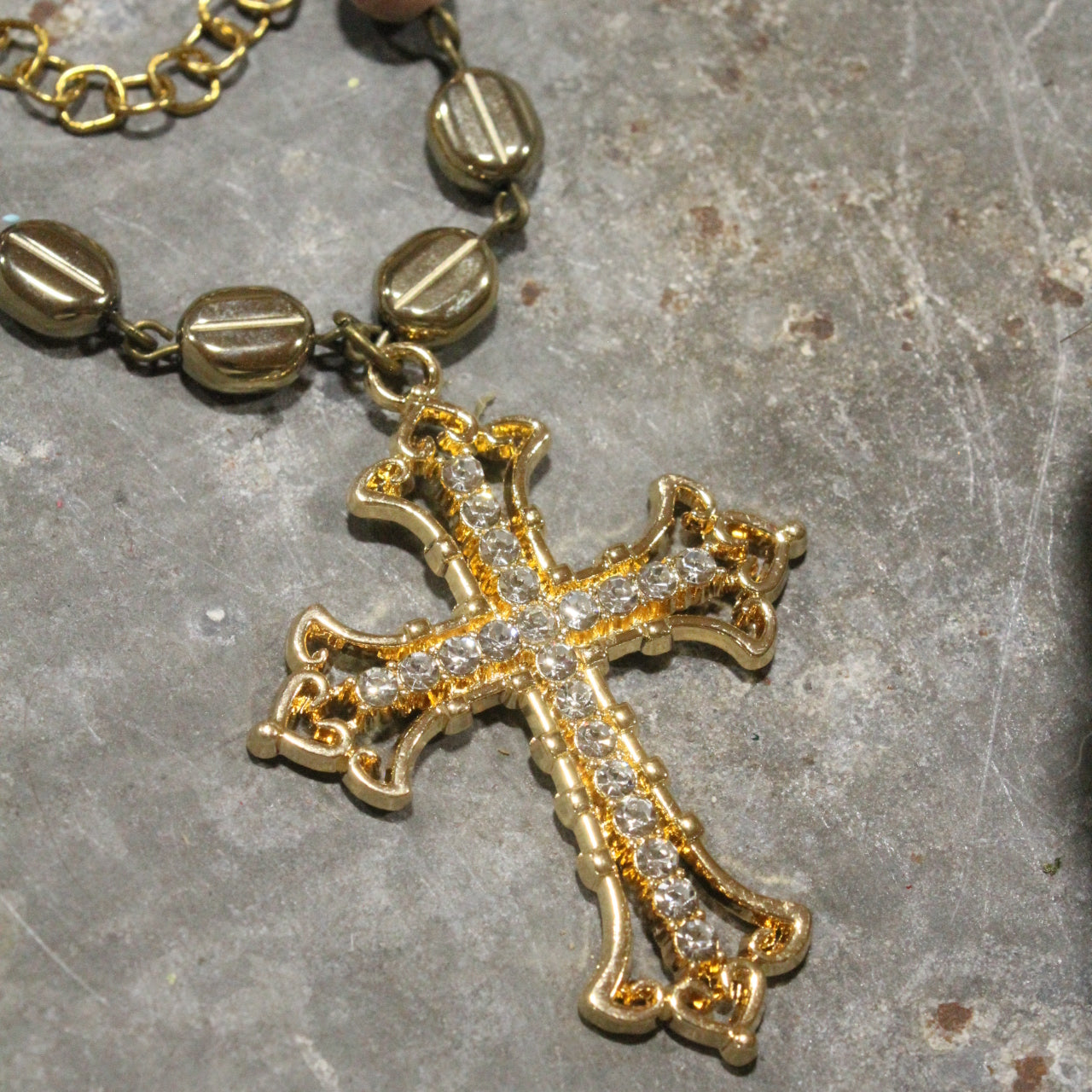 Golden Bling Cross Triple Layered Necklace