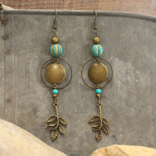 Verdigris Leaf & Czech Pumpkin Fall Earrings