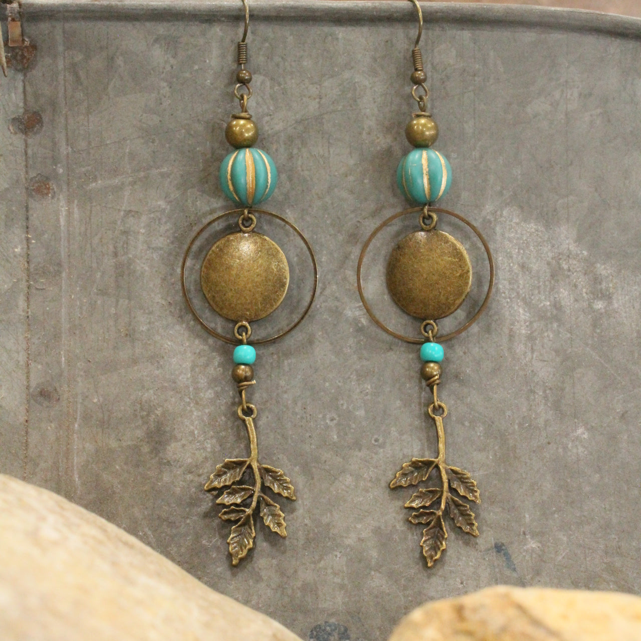 Verdigris Leaf & Czech Pumpkin Fall Earrings