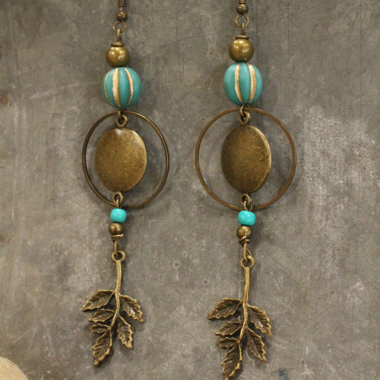 Verdigris Leaf & Czech Pumpkin Fall Earrings