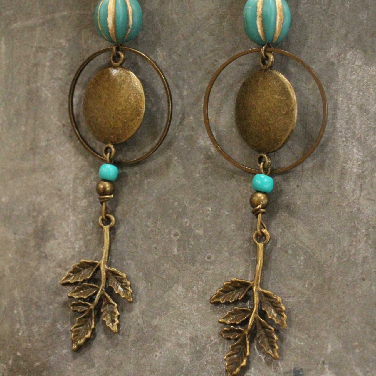 Verdigris Leaf & Czech Pumpkin Fall Earrings