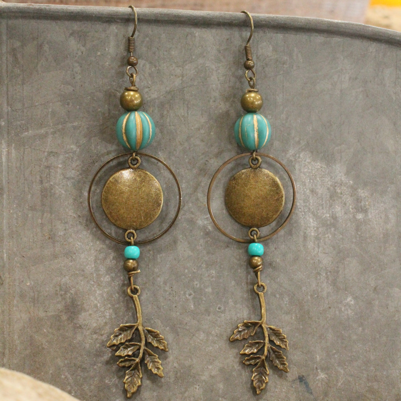 Verdigris Leaf & Czech Pumpkin Fall Earrings