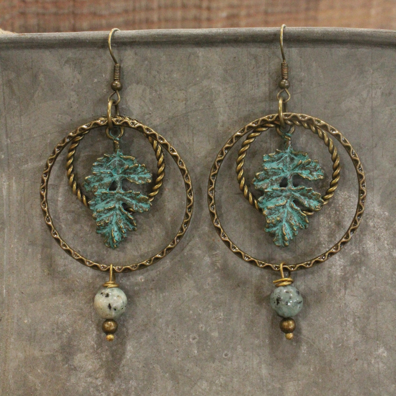 Verdigris Leaf & Beaded Stone Earrings