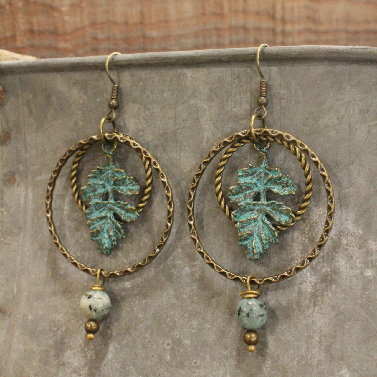 Verdigris Leaf & Beaded Stone Earrings