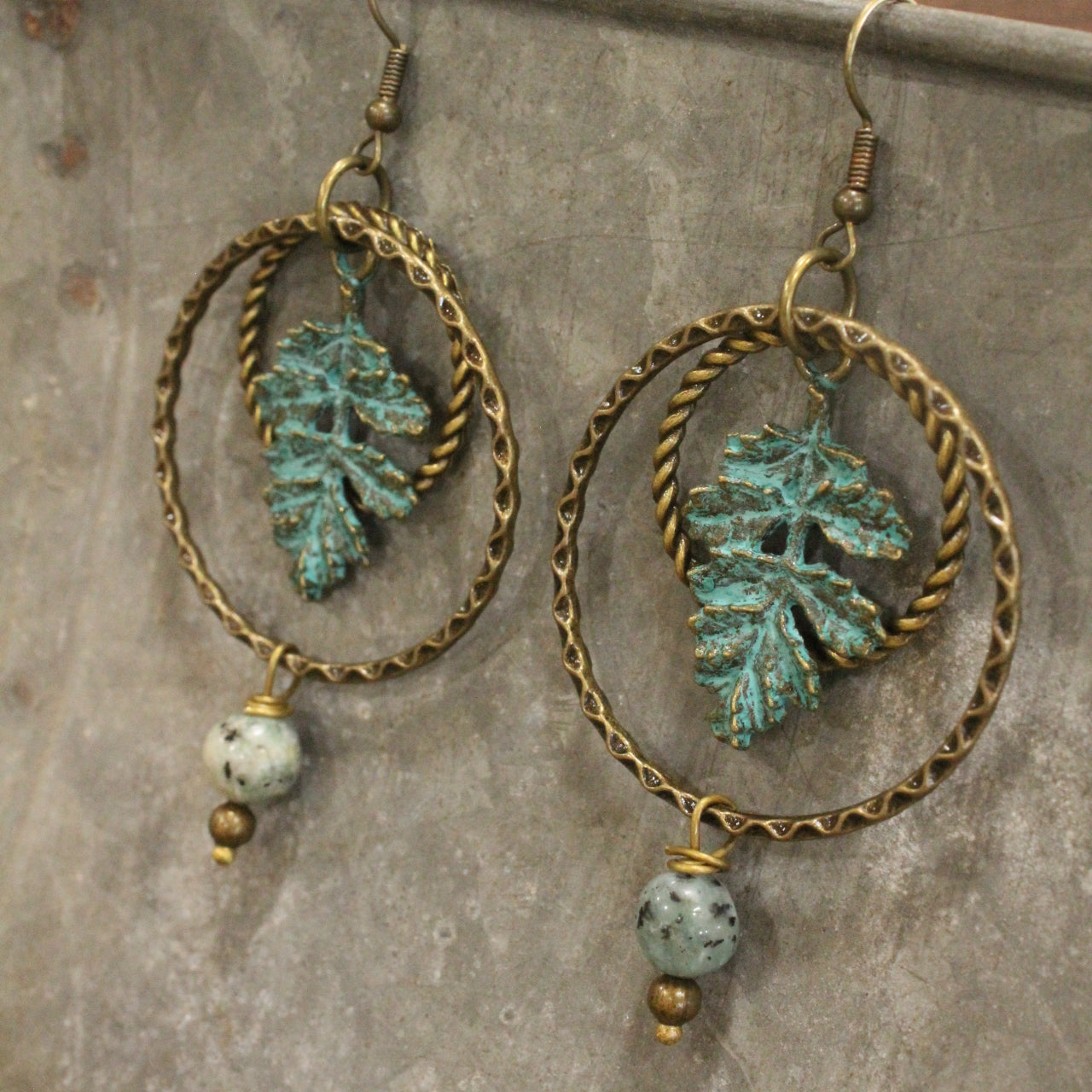 Verdigris Leaf & Beaded Stone Earrings