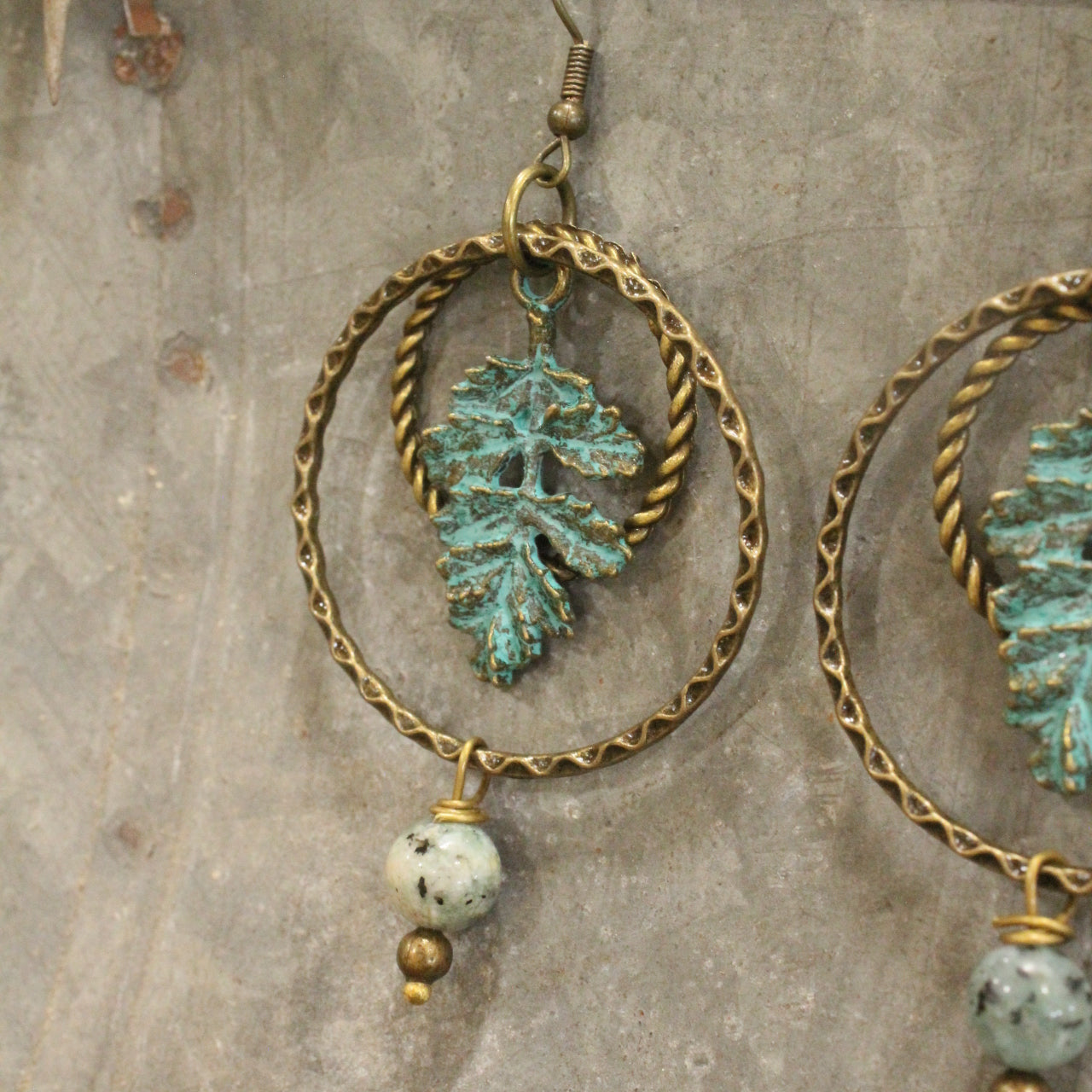 Verdigris Leaf & Beaded Stone Earrings