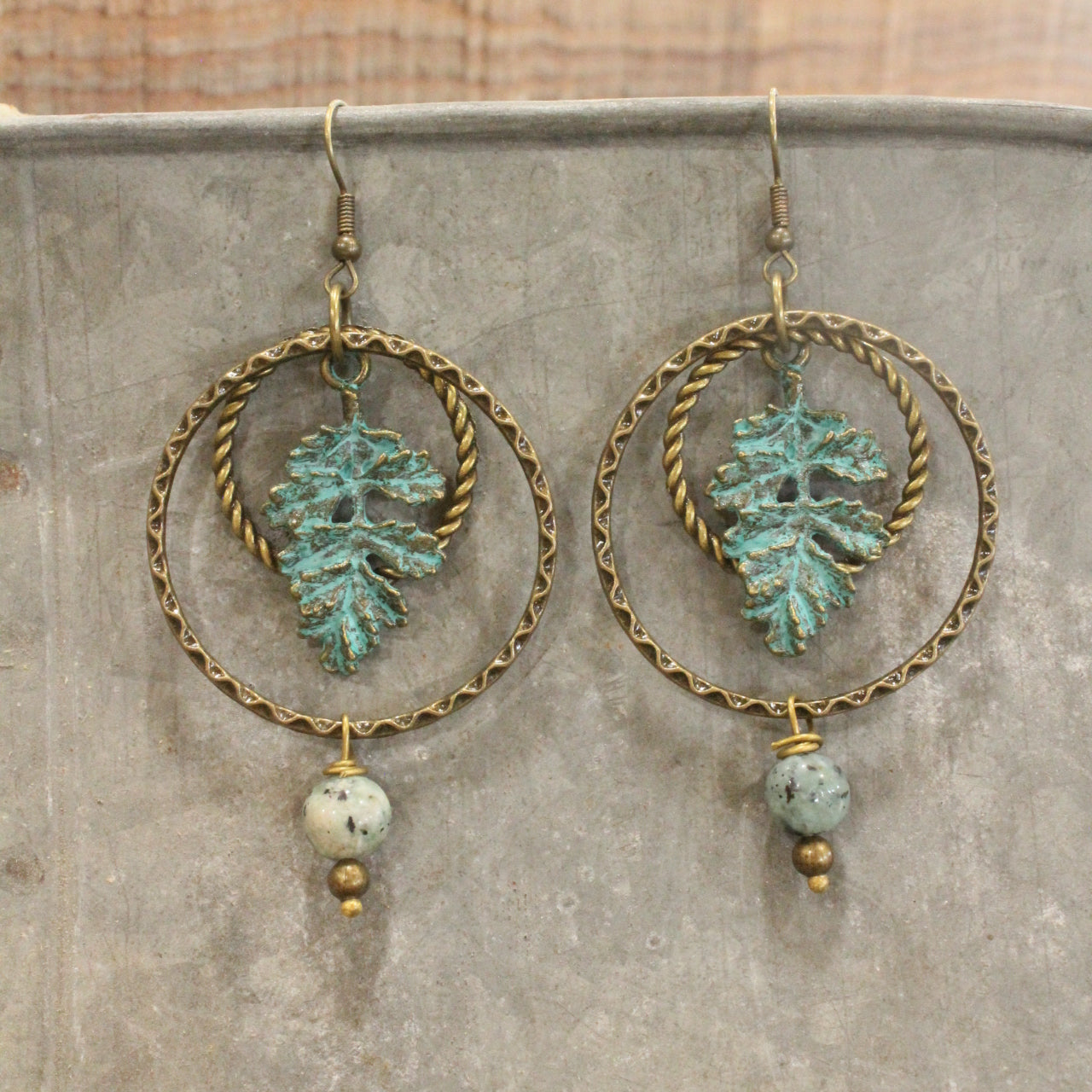 Verdigris Leaf & Beaded Stone Earrings