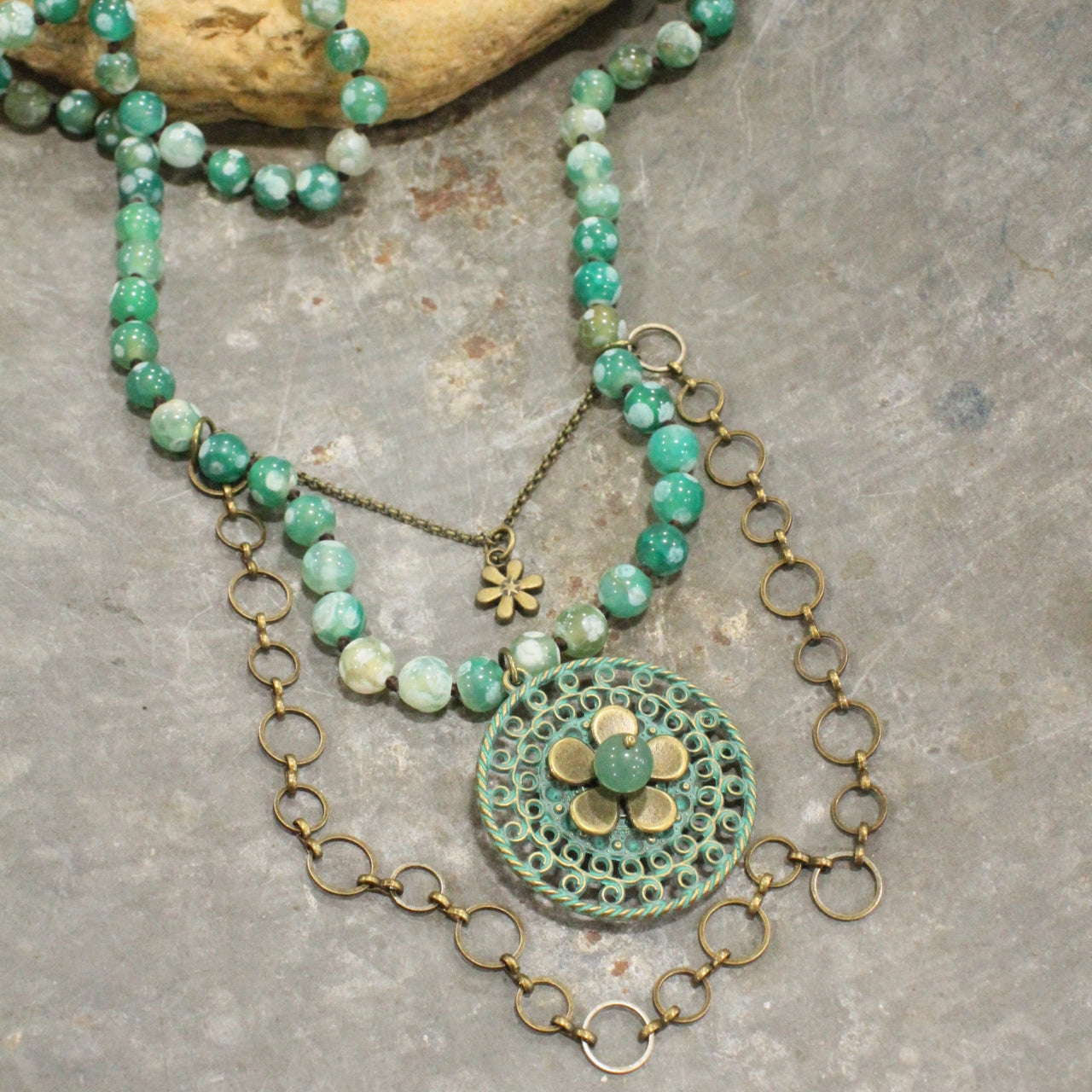 Bronze & Patina Flower Triple Layered Beaded Necklace