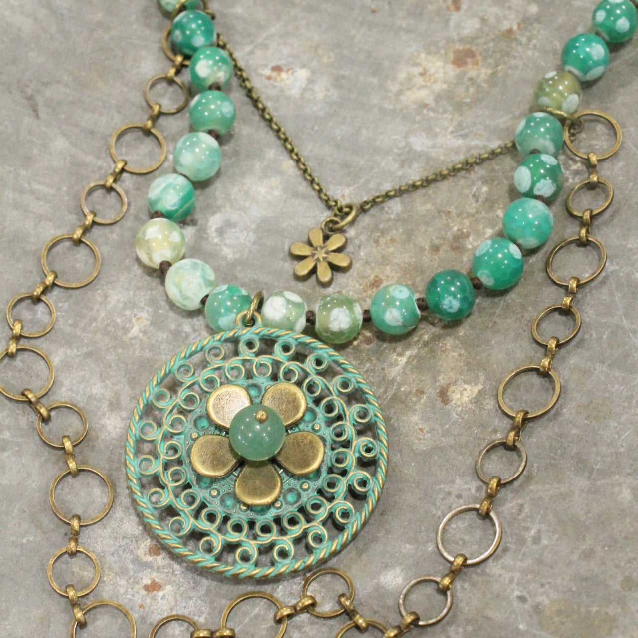 Bronze & Patina Flower Triple Layered Beaded Necklace