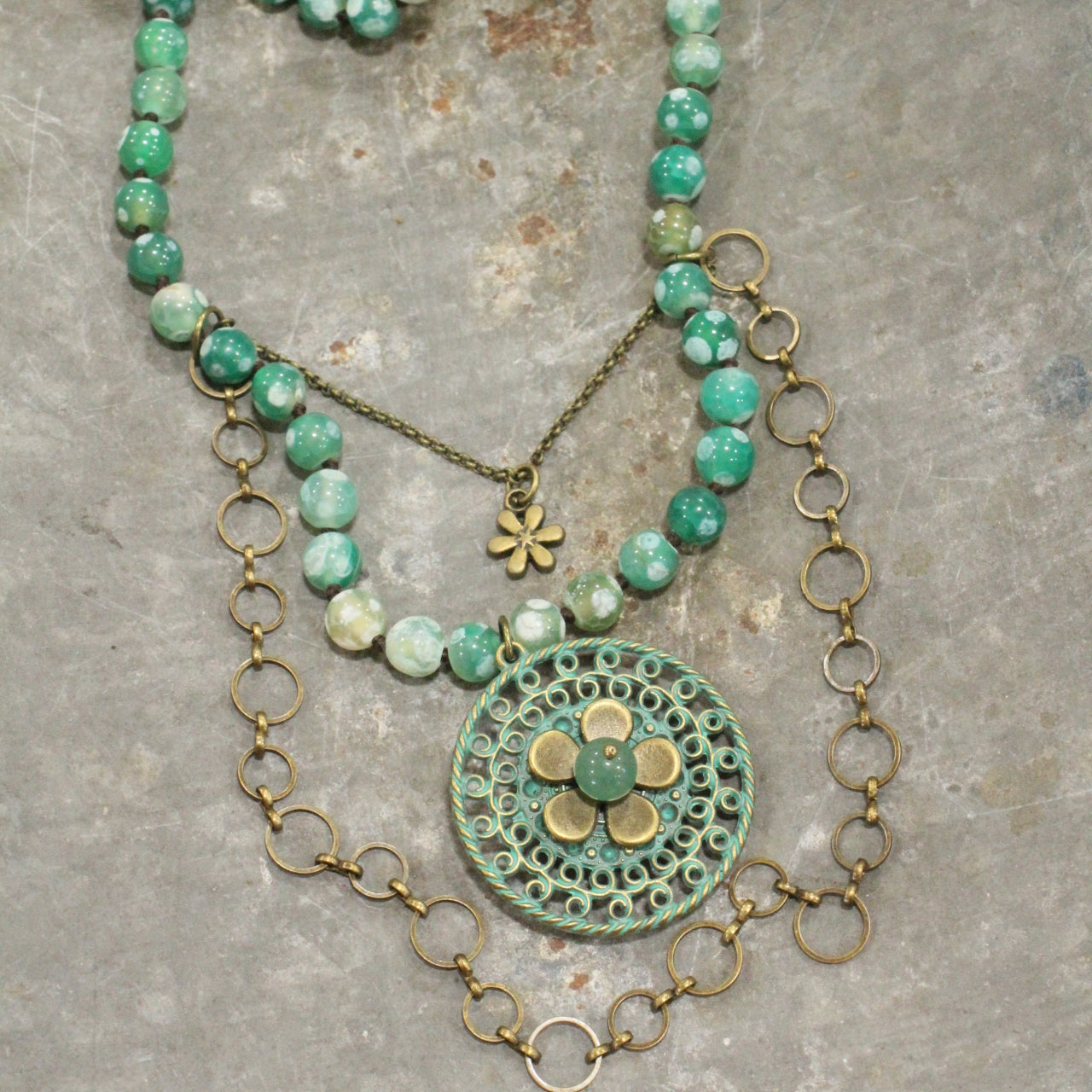 Bronze & Patina Flower Triple Layered Beaded Necklace