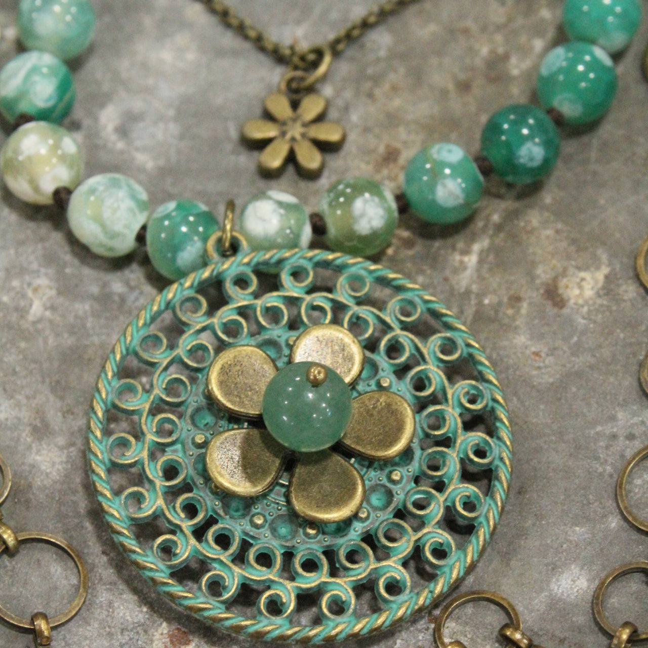 Bronze & Patina Flower Triple Layered Beaded Necklace