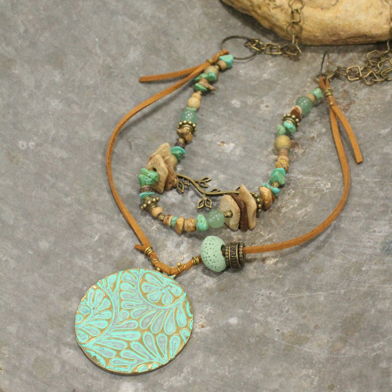 Bronze & Patina Leaf Branch Pattern Layered Necklace Set