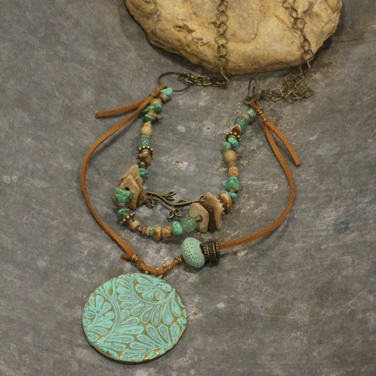 Bronze & Patina Leaf Branch Pattern Layered Necklace Set