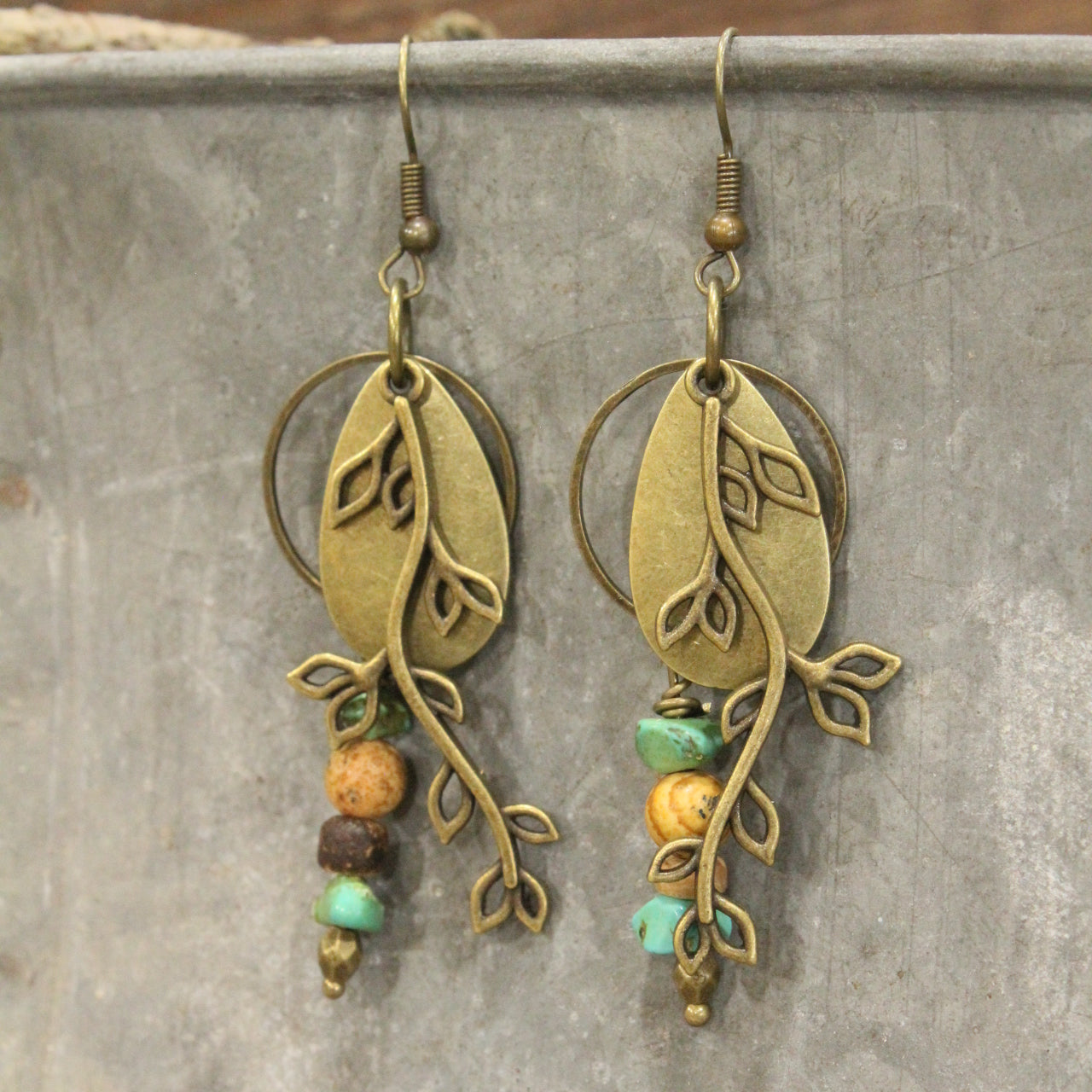 Bronze & Patina Leaf Branch Pattern Earrings