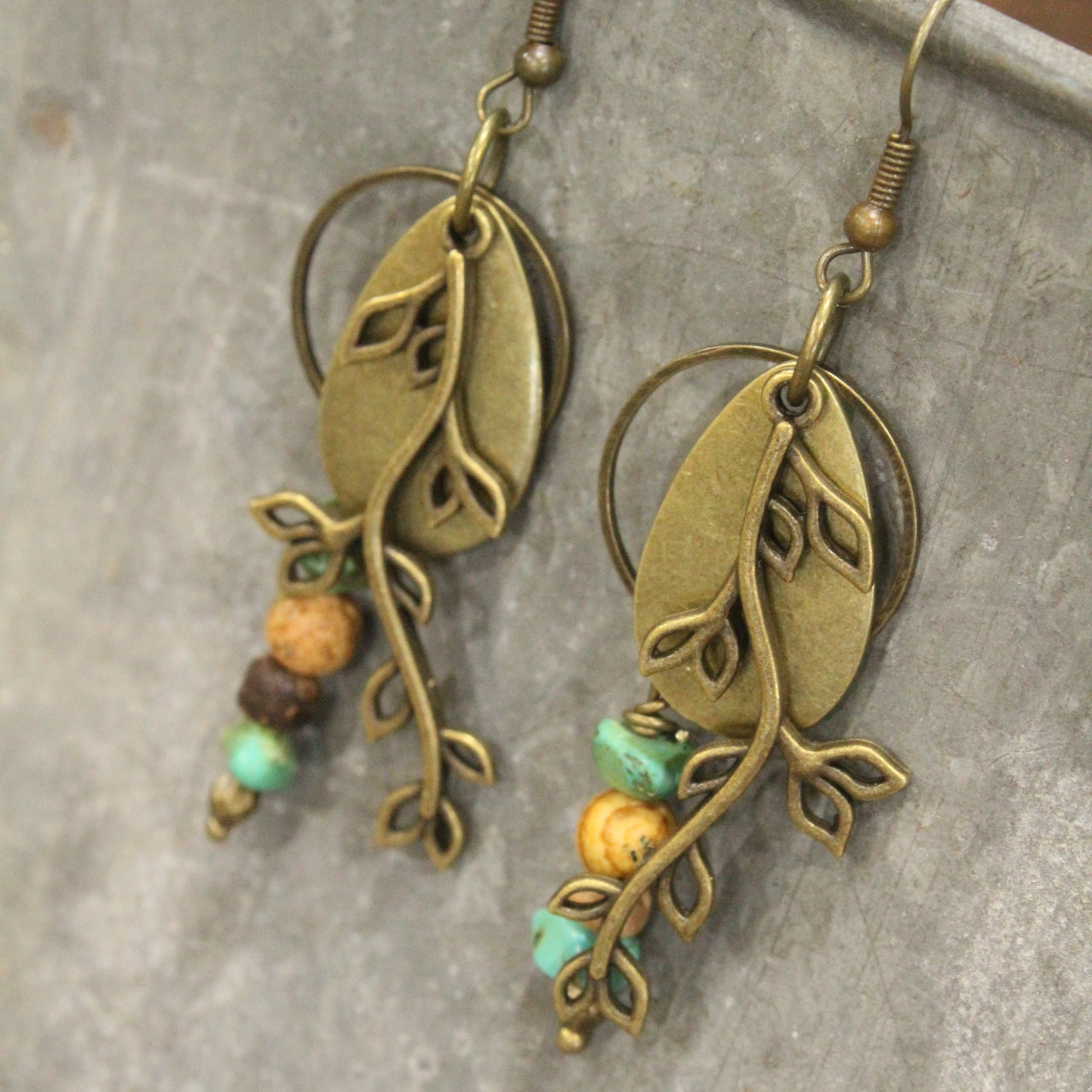 Bronze & Patina Leaf Branch Pattern Earrings