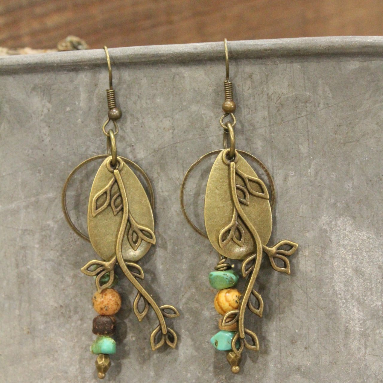 Bronze & Patina Leaf Branch Pattern Earrings