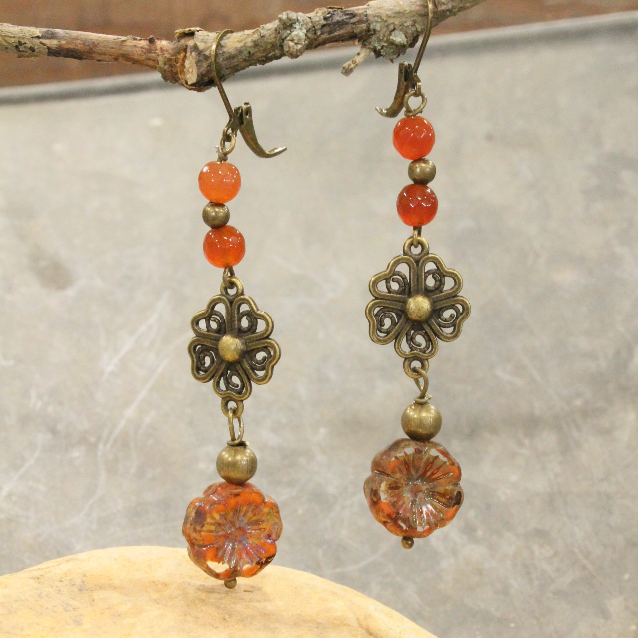 Orange Beaded Layered Flower Drop Earrings