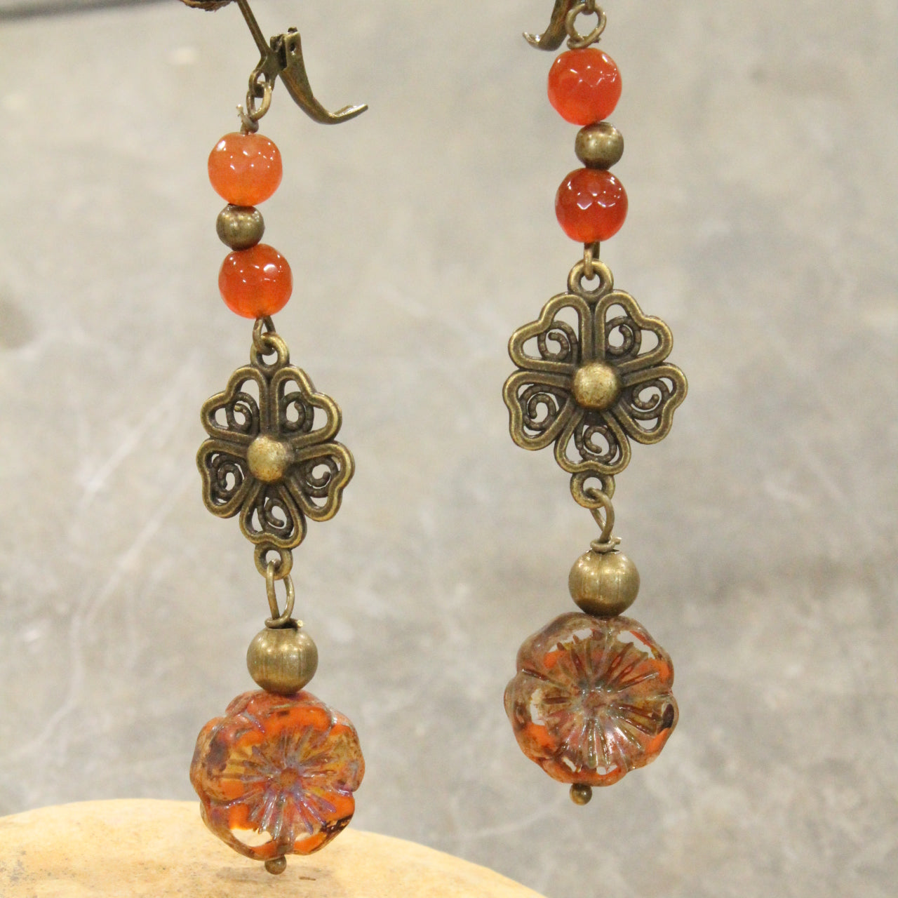 Orange Beaded Layered Flower Drop Earrings