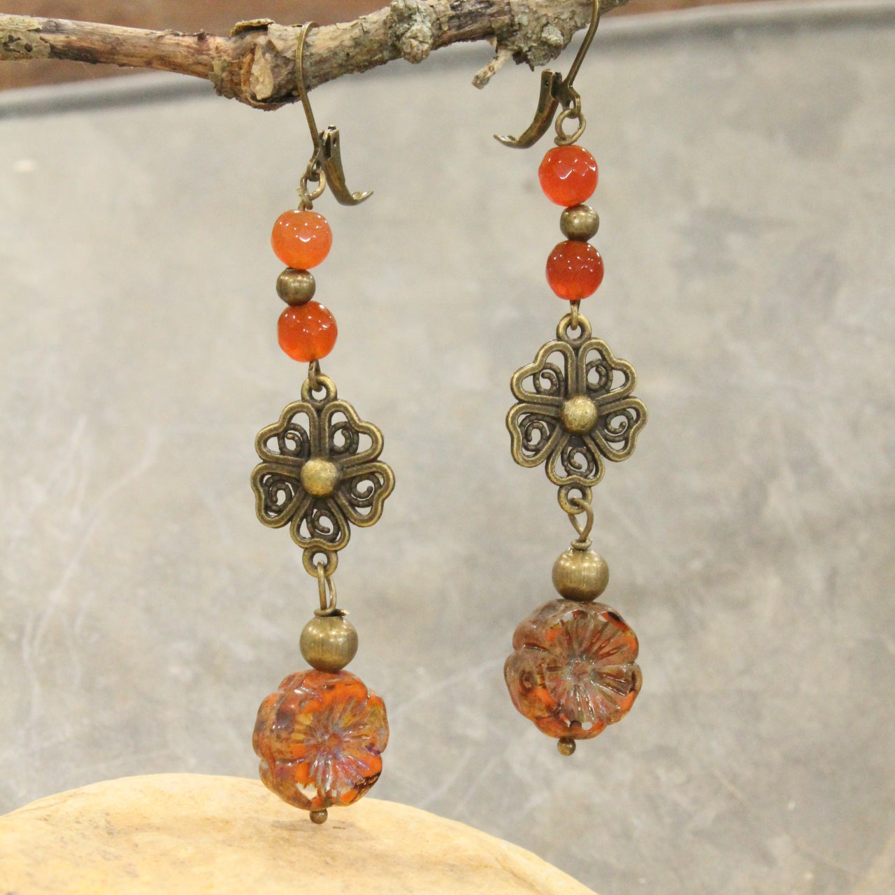 Orange Beaded Layered Flower Drop Earrings