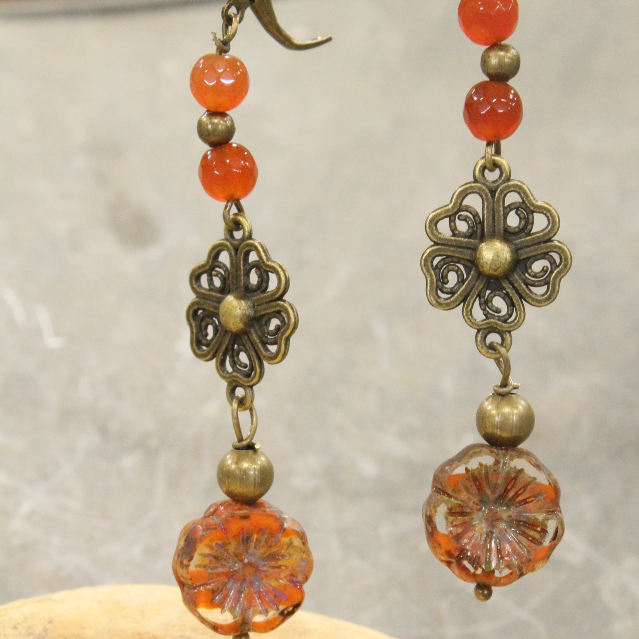 Orange Beaded Layered Flower Drop Earrings