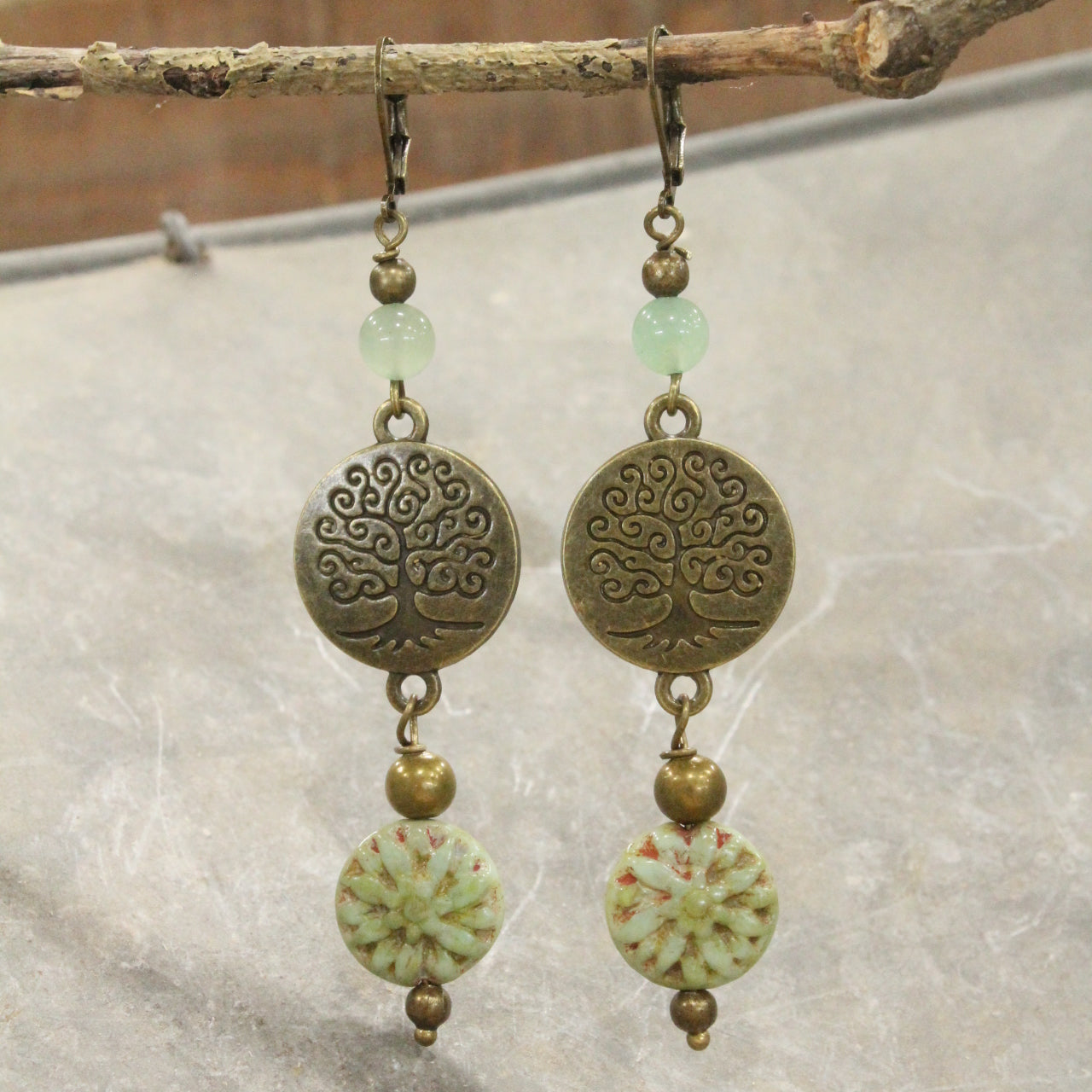 Tree Of Life Czech Coin Jade Earrings