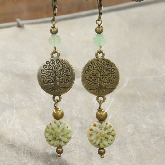 Tree Of Life Czech Coin Jade Earrings