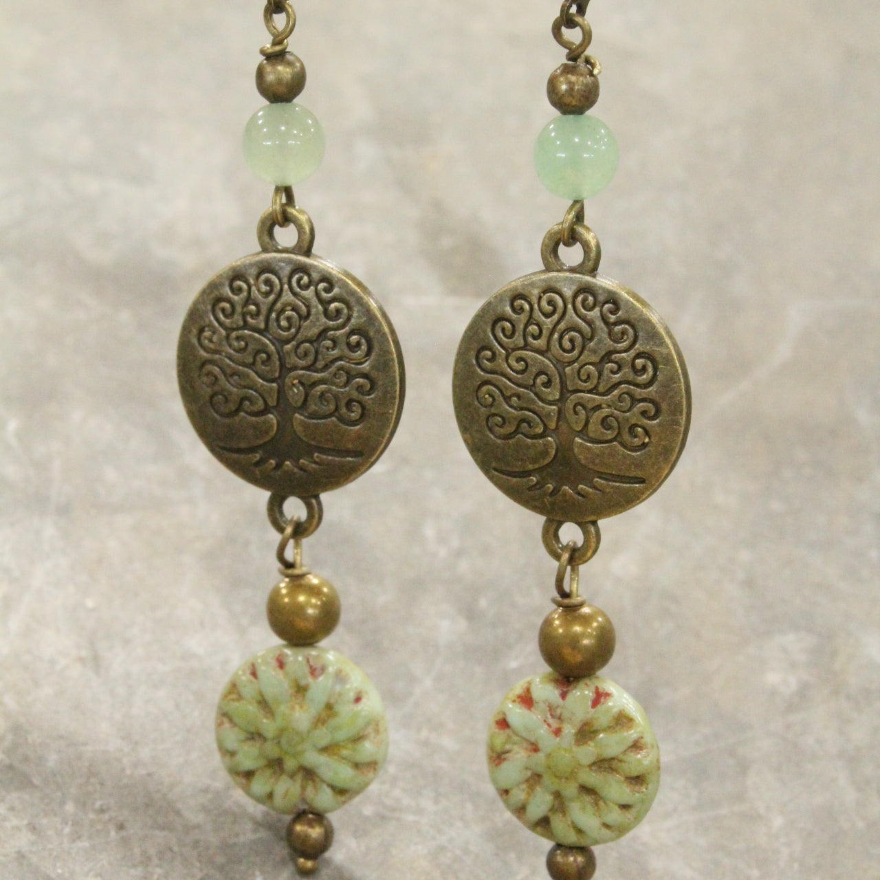 Tree Of Life Czech Coin Jade Earrings