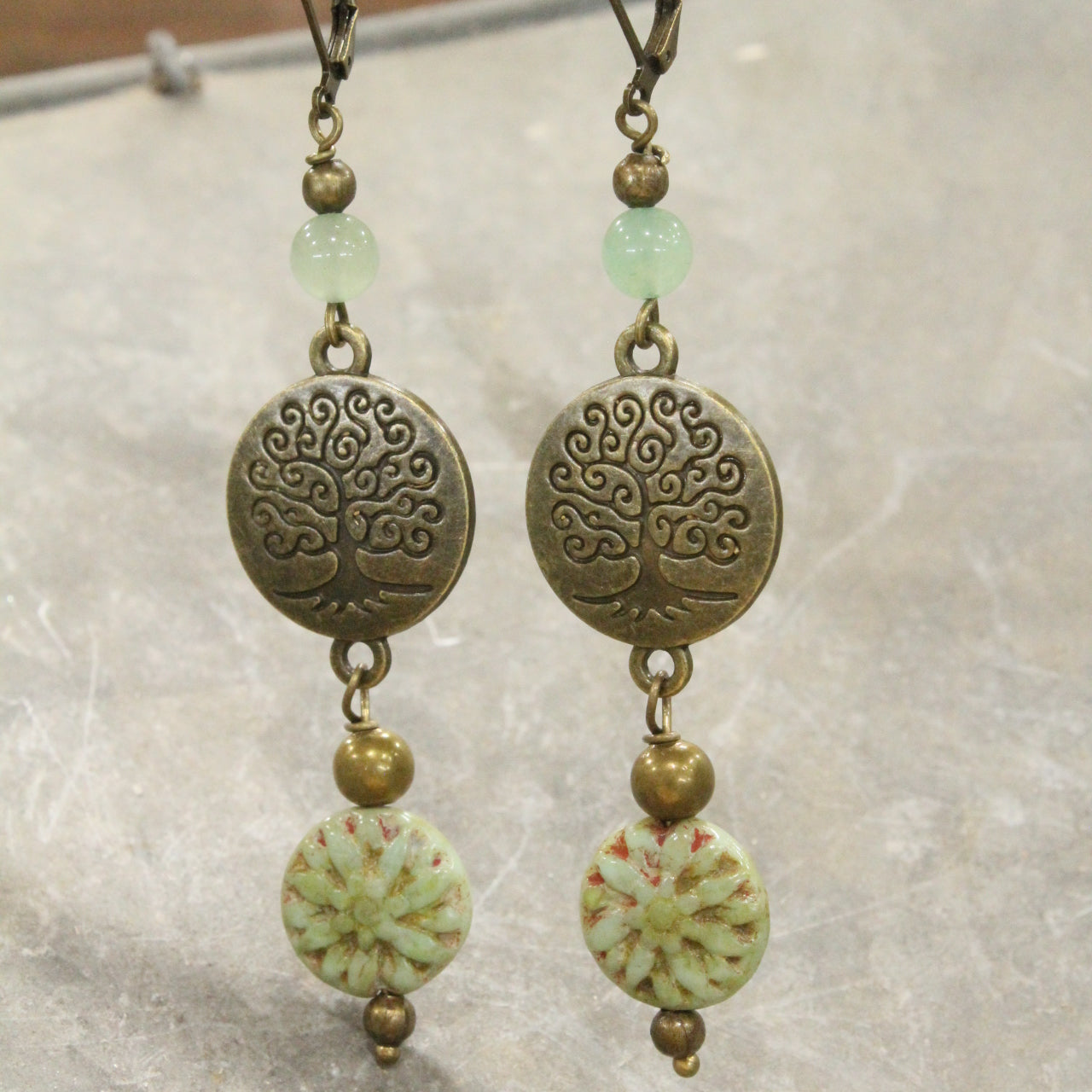 Tree Of Life Czech Coin Jade Earrings