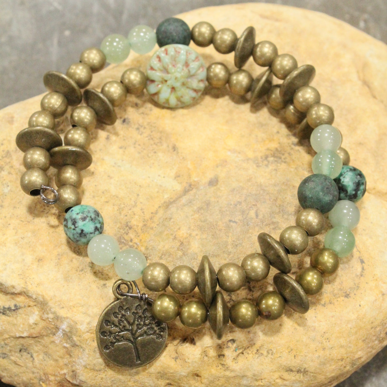 Tree Of Life Czech Coin Jade Wrap Bracelet