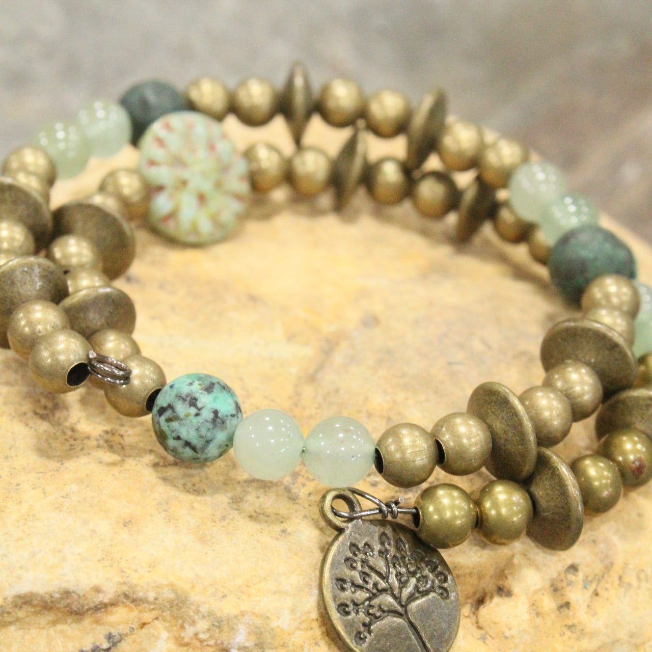 Tree Of Life Czech Coin Jade Wrap Bracelet