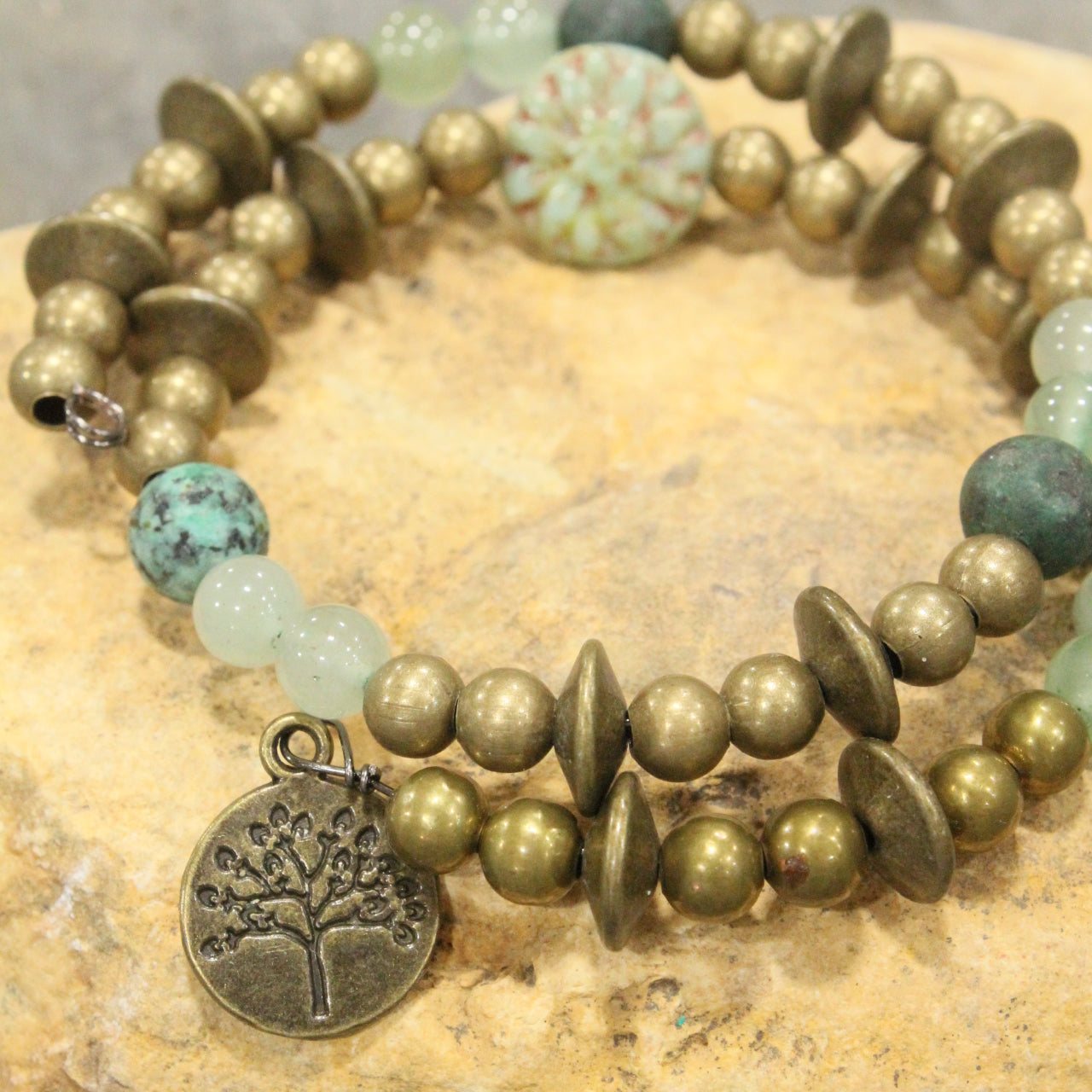 Tree Of Life Czech Coin Jade Wrap Bracelet