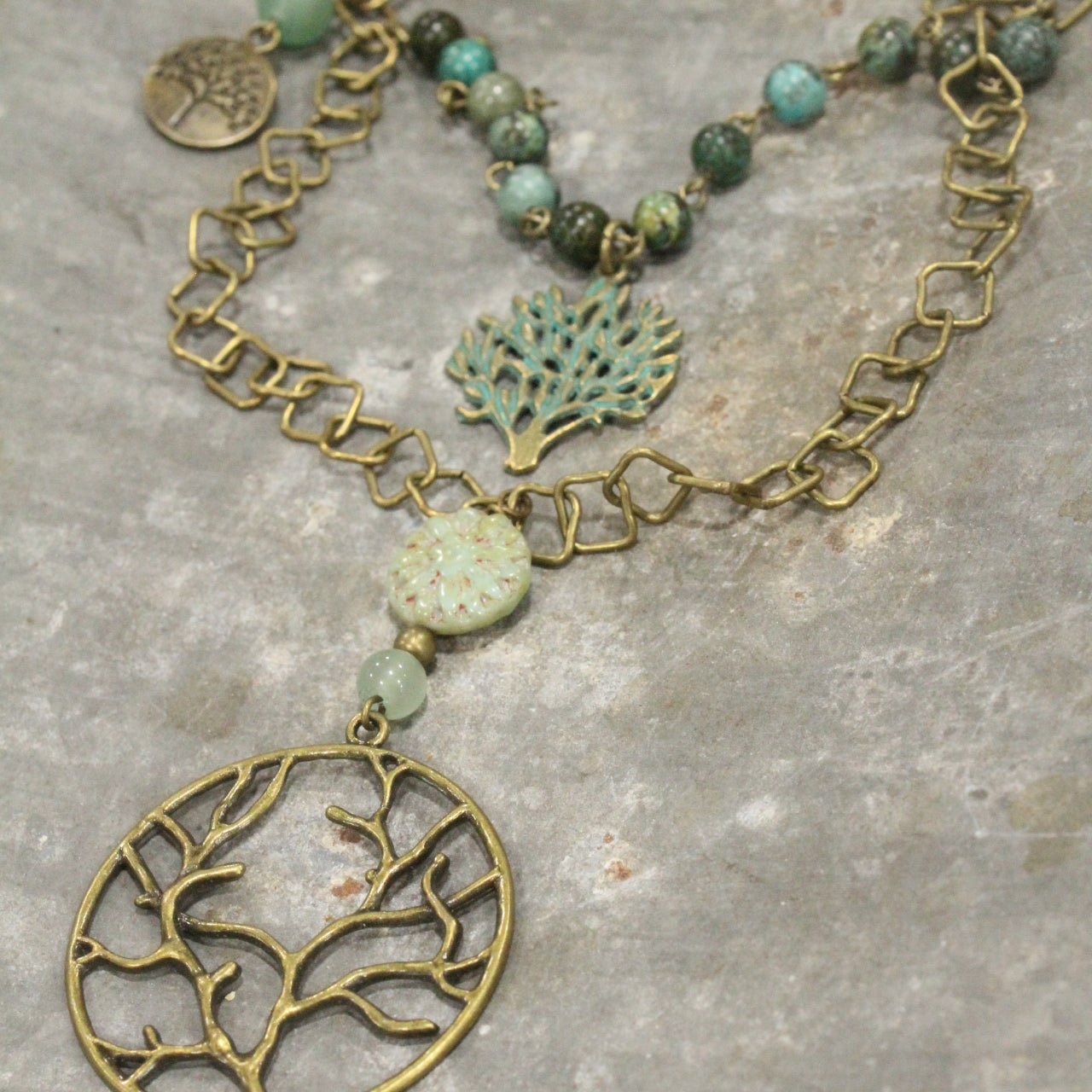 Tree Of Life Czech Coin Jade Layered Necklace