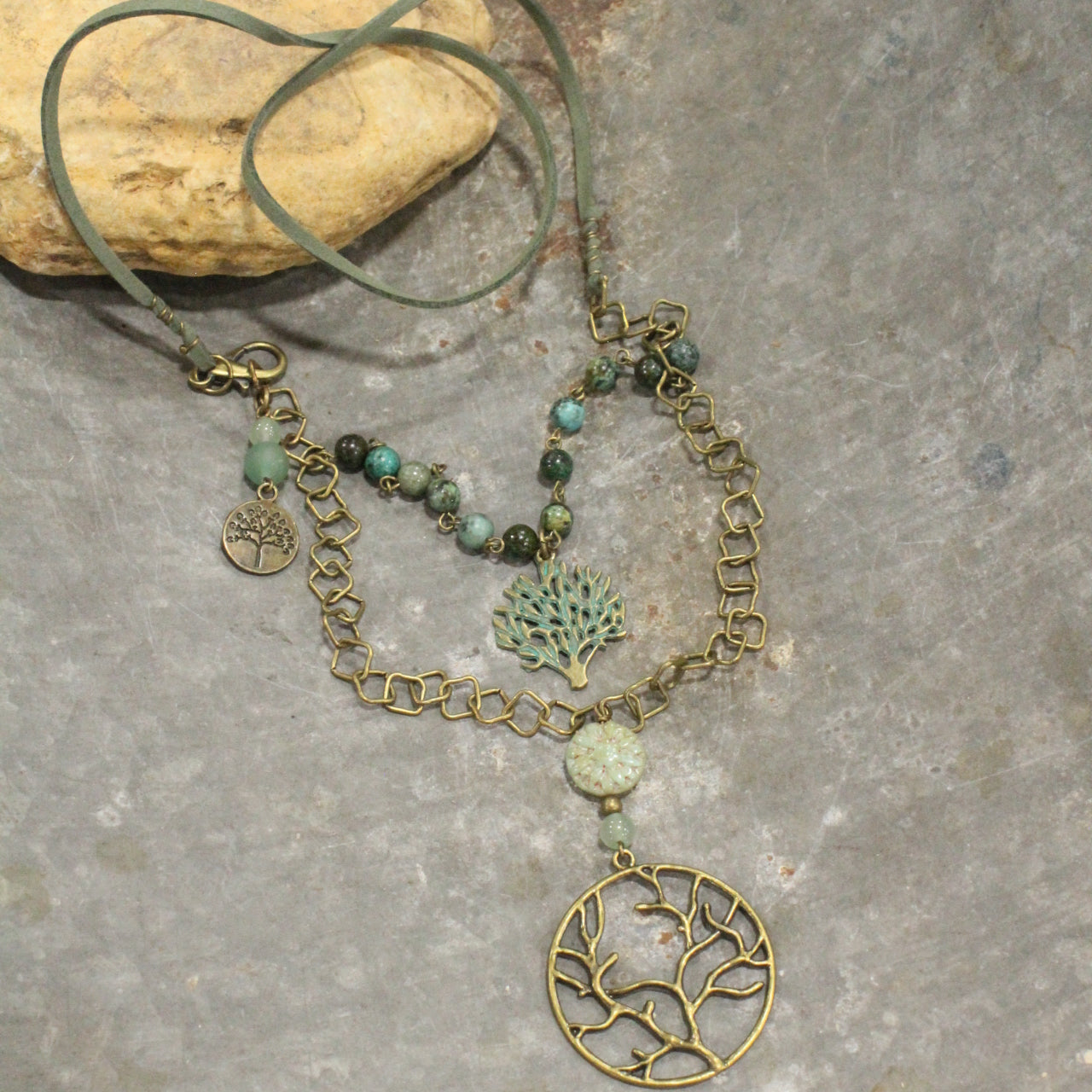 Tree Of Life Czech Coin Jade Layered Necklace