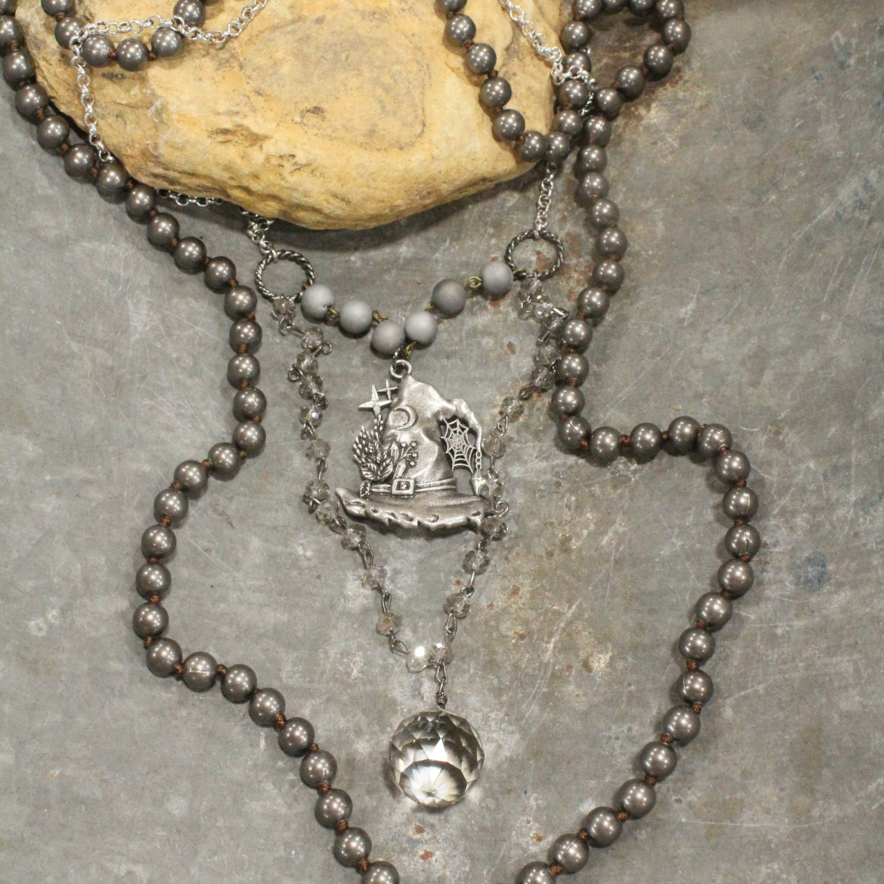 Hematite & Crystal Witches Hat & Crystal Ball Necklace