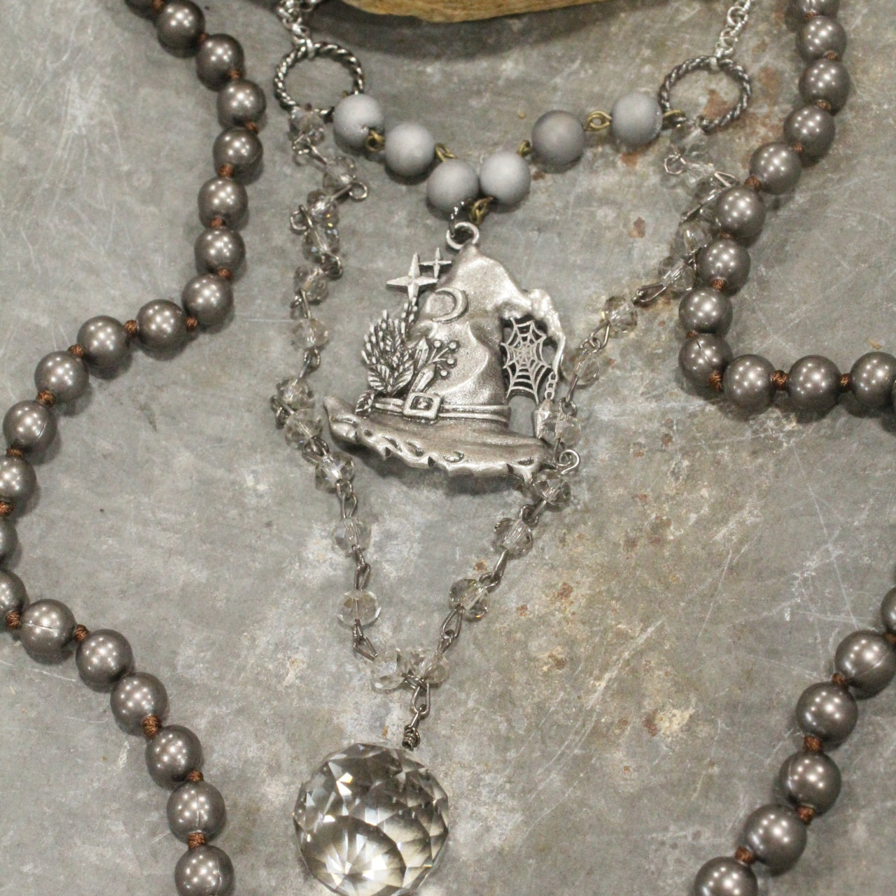 Hematite & Crystal Witches Hat & Crystal Ball Necklace