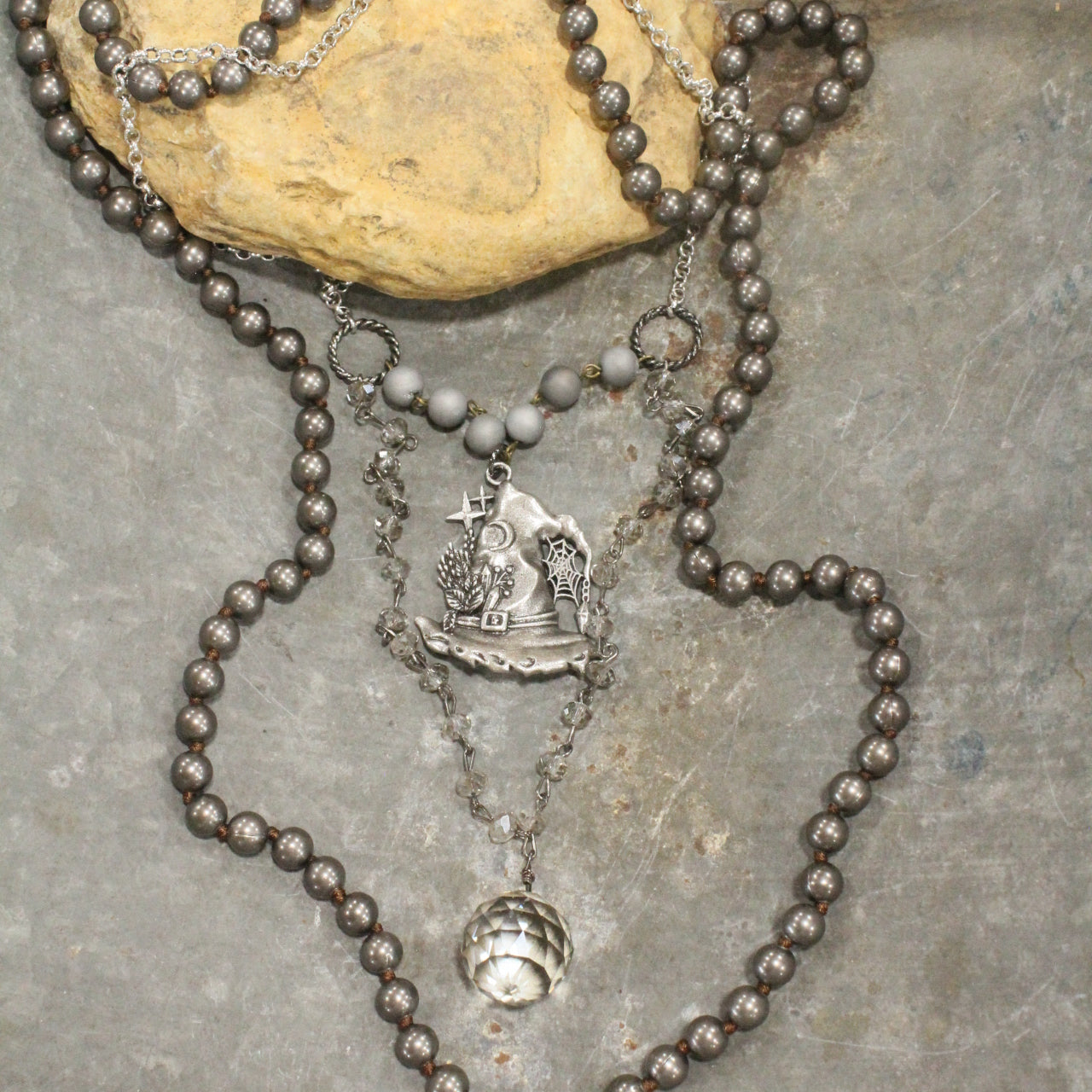 Hematite & Crystal Witches Hat & Crystal Ball Necklace