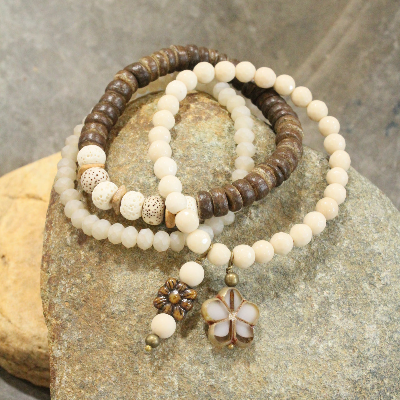 CZECH Me Out Elite Beige & Natural Stretch Bracelet Set