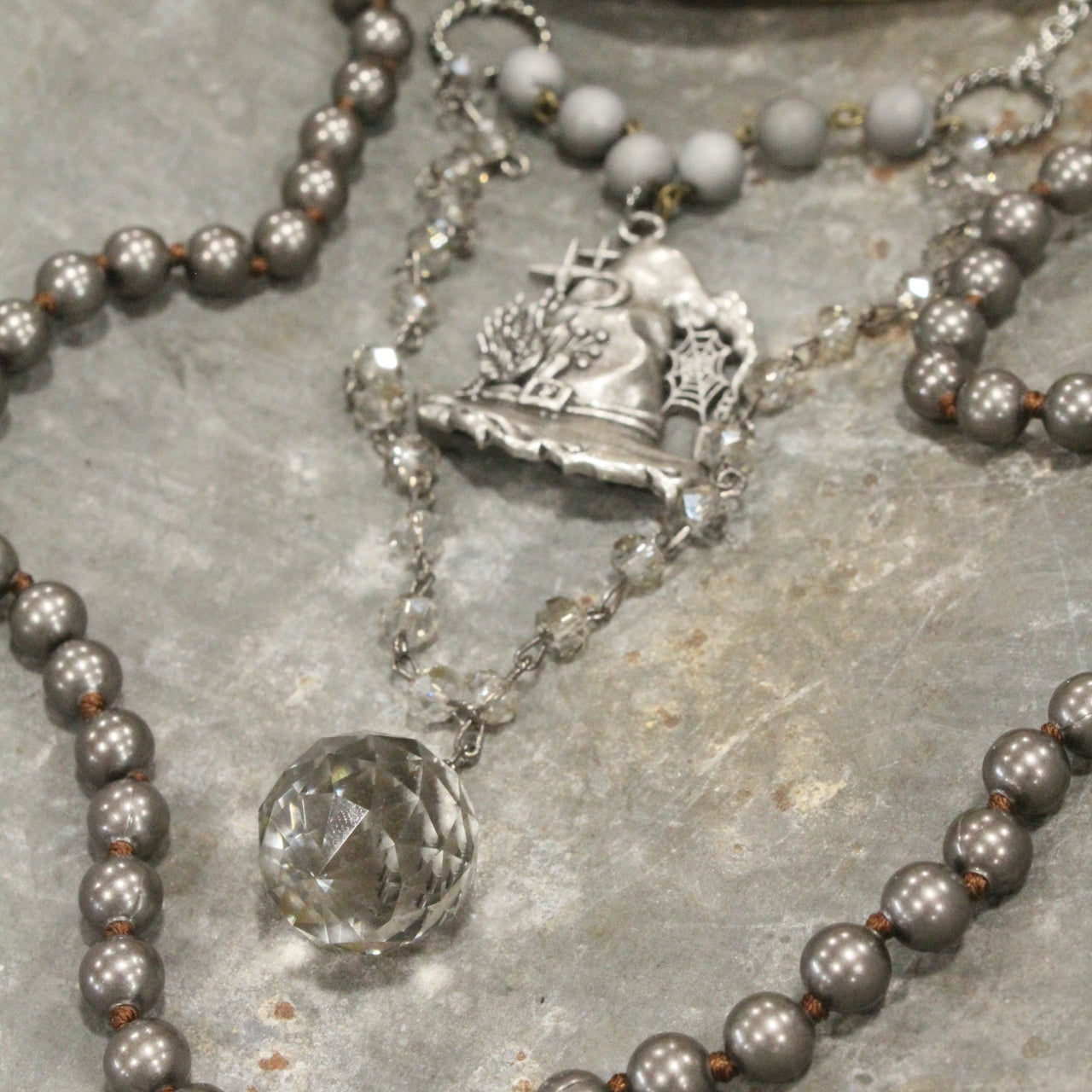 Hematite & Crystal Witches Hat & Crystal Ball Necklace