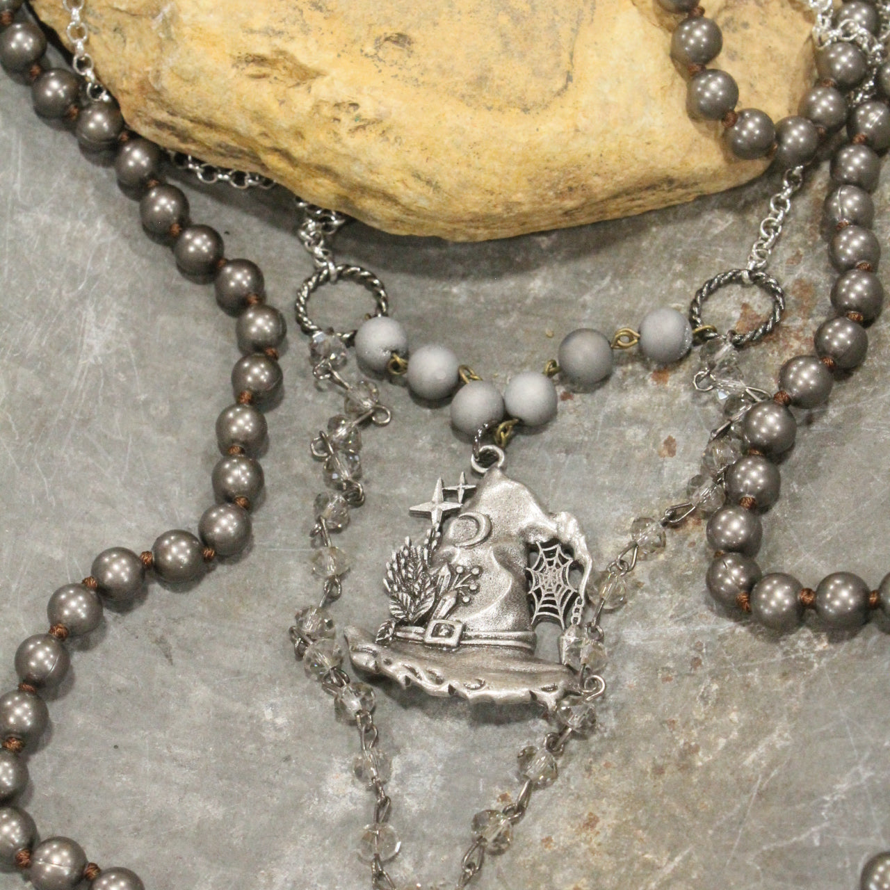 Hematite & Crystal Witches Hat & Crystal Ball Necklace