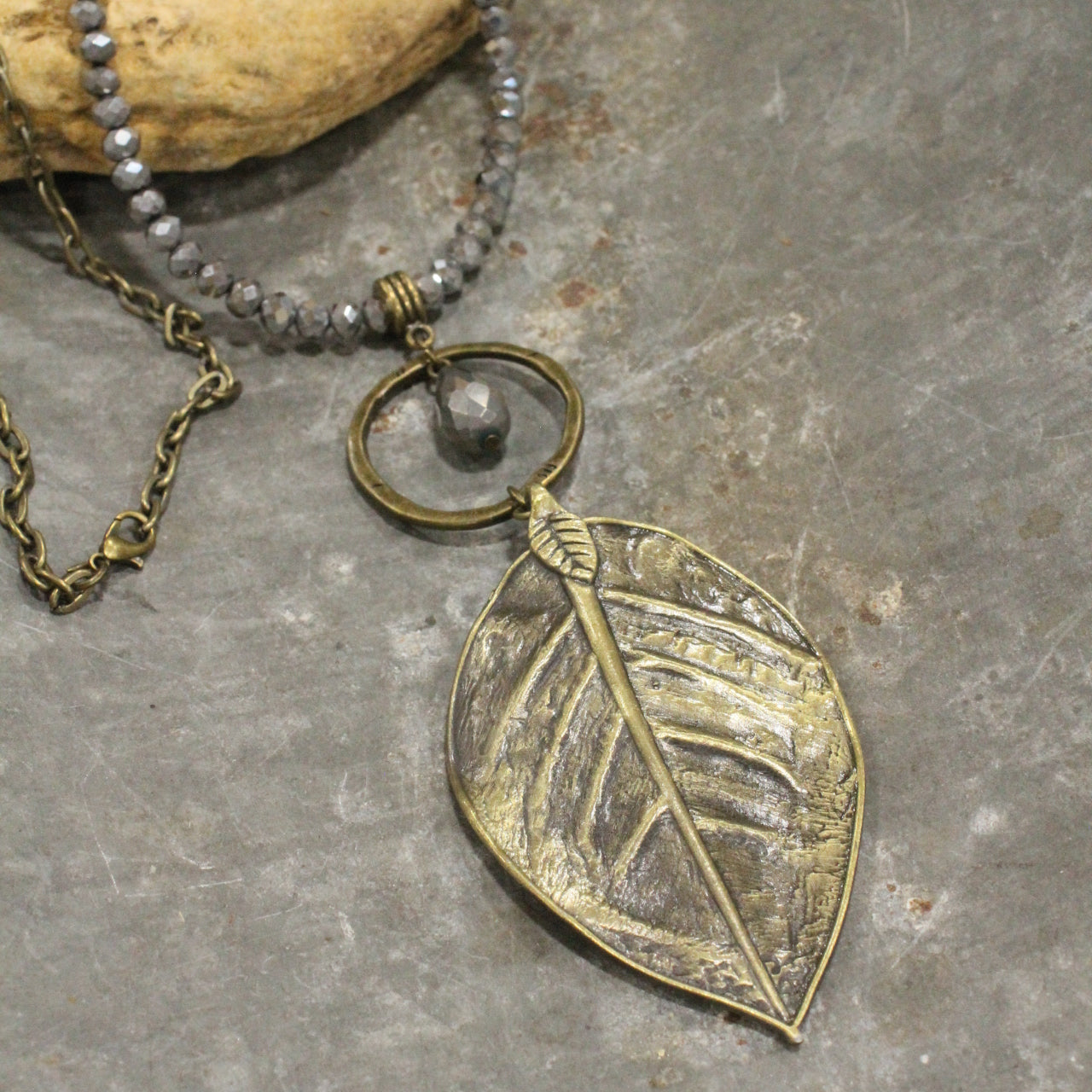 Bronze & Hematite Leaf Drop Necklace