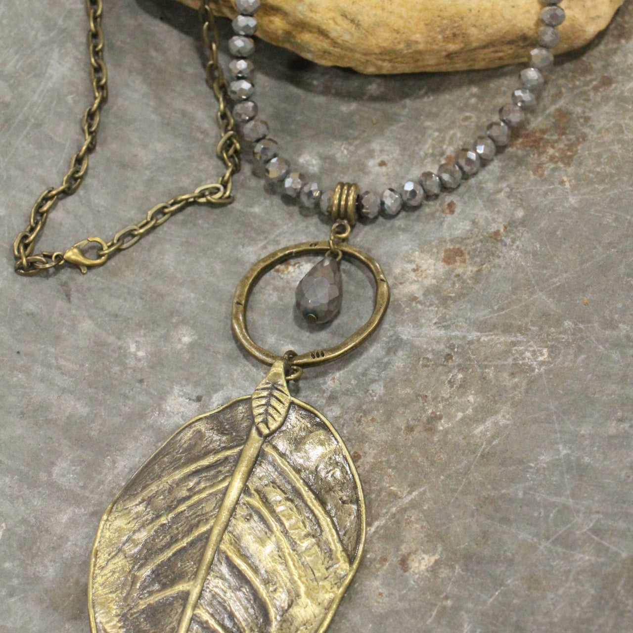 Bronze & Hematite Leaf Drop Necklace