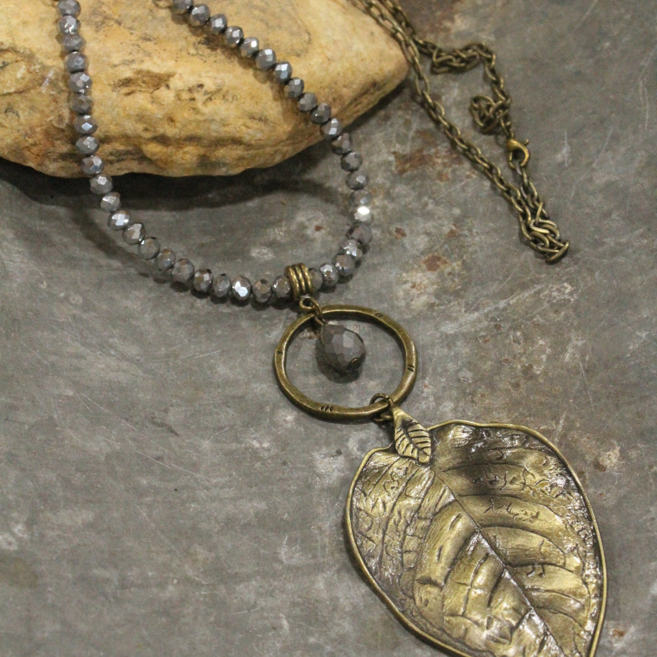 Bronze & Hematite Leaf Drop Necklace