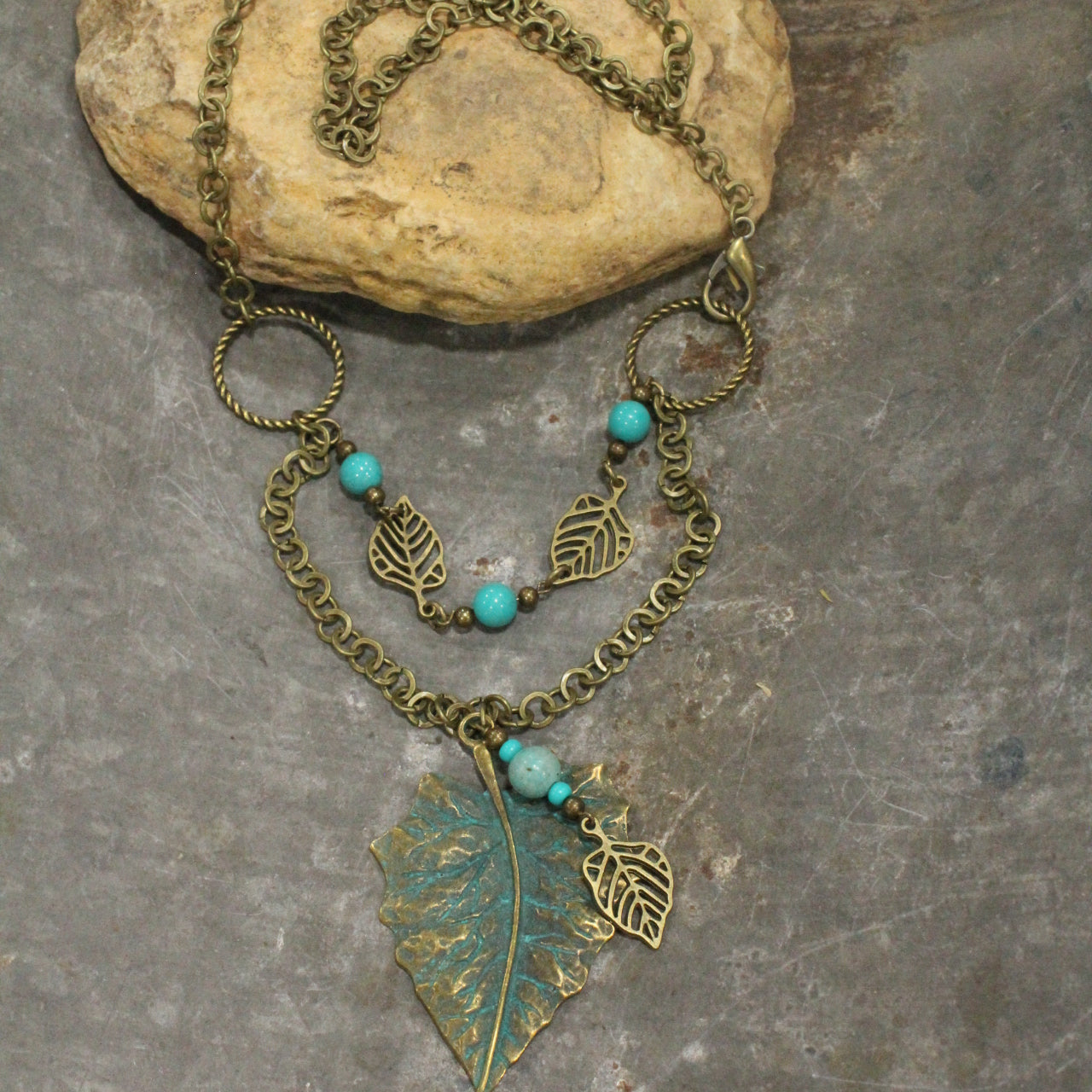 Bronze & Turquoise Fall Leaf Drop Necklace