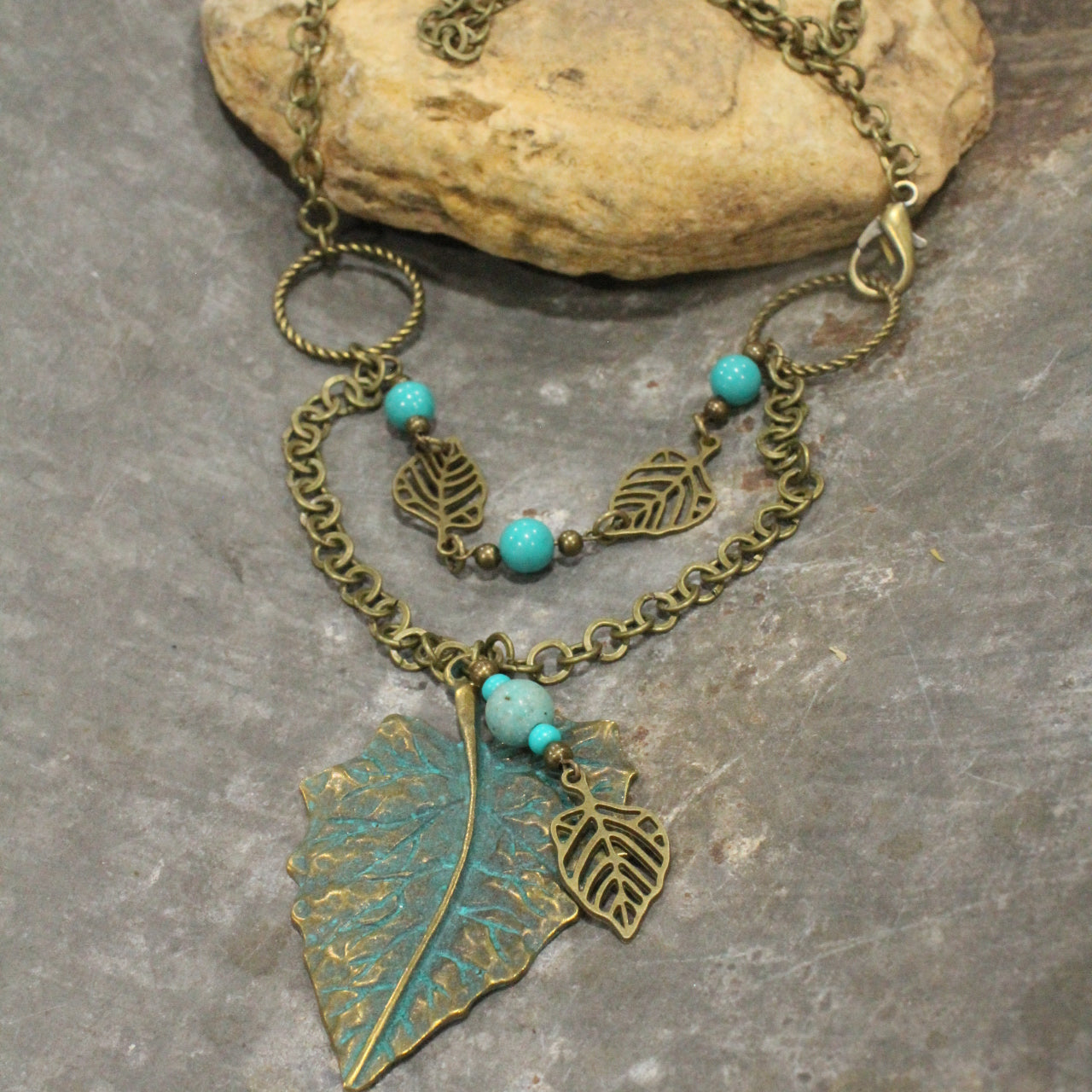 Bronze & Turquoise Fall Leaf Drop Necklace