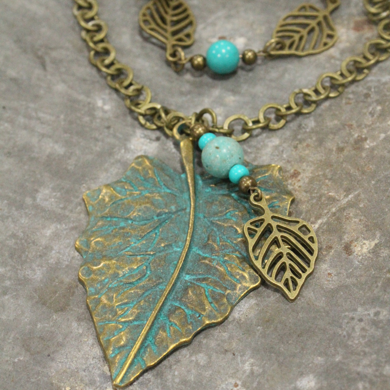 Bronze & Turquoise Fall Leaf Drop Necklace