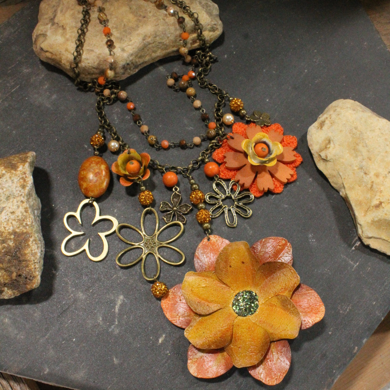 Color Explosion Orange Flower Charm'd Necklace